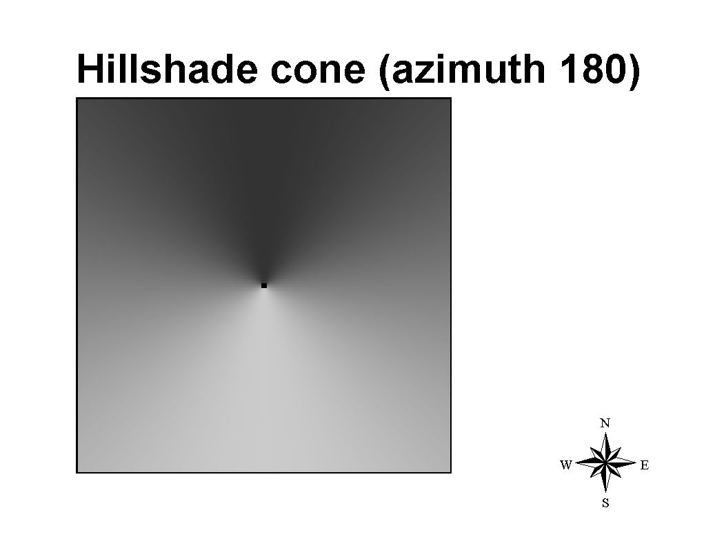 Hillshade of a cone with a specified brightness theme (Azimuth = 180)