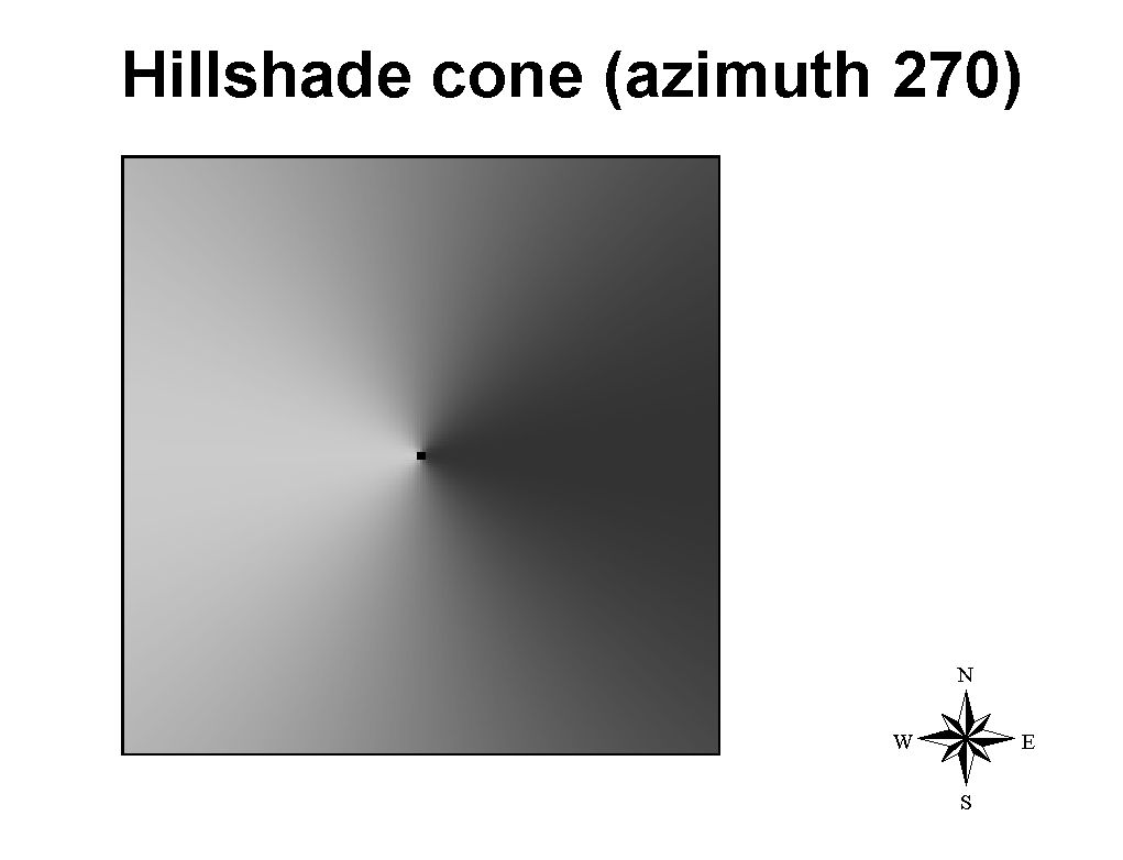 Hillshade of a cone with a specified brightness theme (Azimuth = 270)